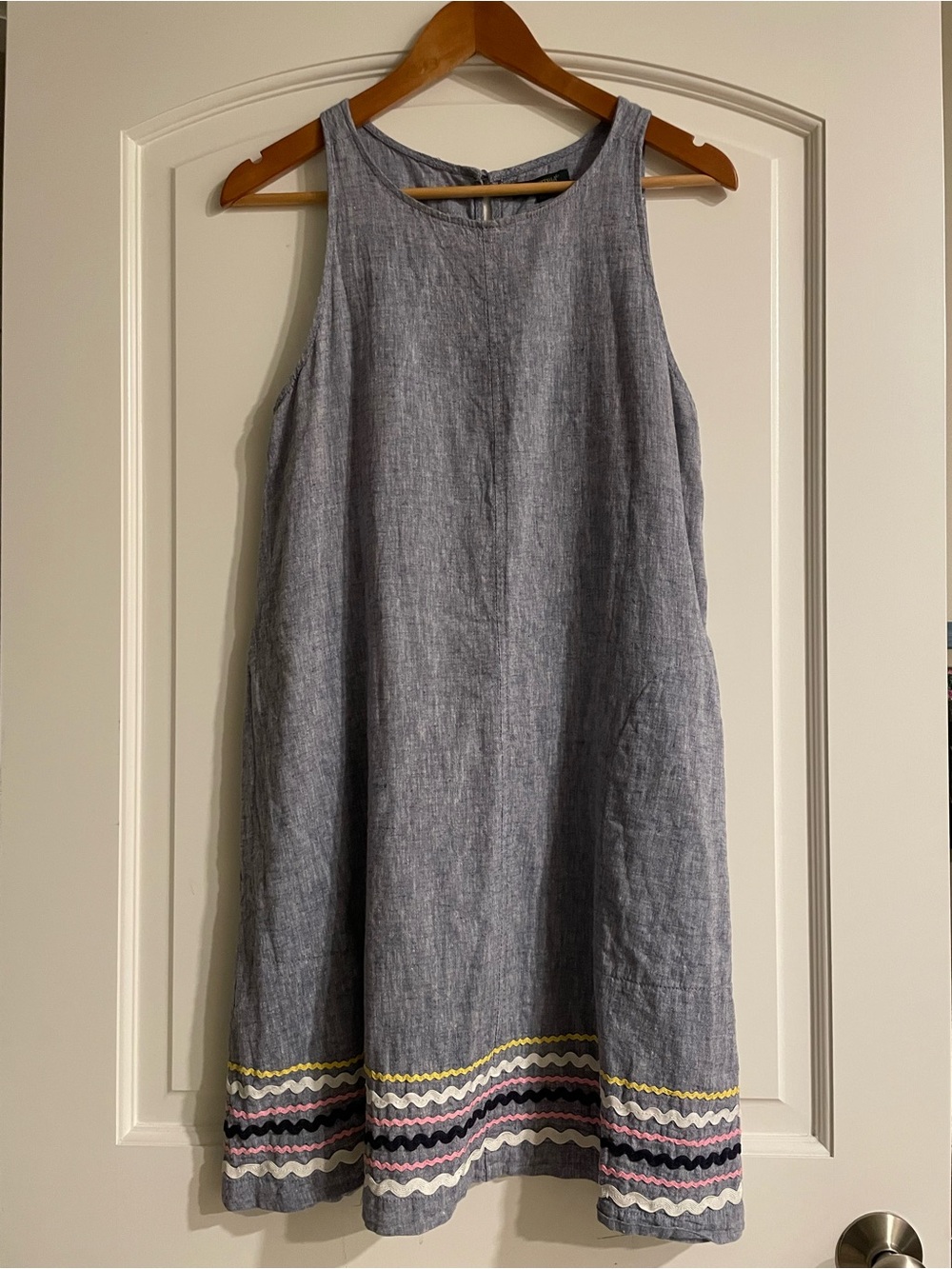 FOR CYNTHIA Blue Linen Cotton Shift Dress Knee Length Pockets Button S
